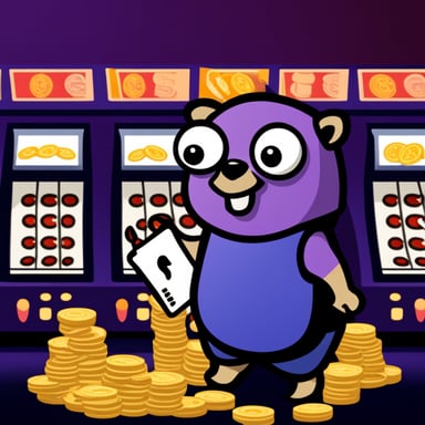 Go Blue Gopher in a purple t-shirt with letter F on the chest, holding cash with slot machines in the background.