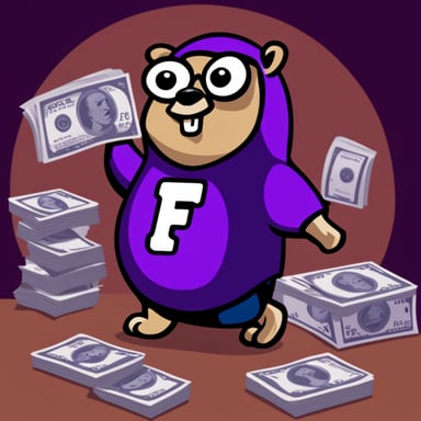 Go Blue Gopher in a purple t-shirt with letter F on the chest, holding cash with slot machines in the background.