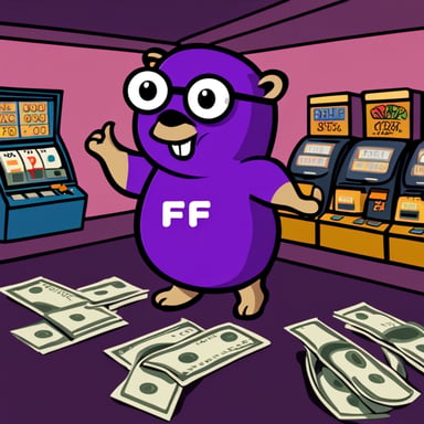 Go Blue Gopher in a purple t-shirt with letter F on the chest, holding cash with slot machines in the background.
