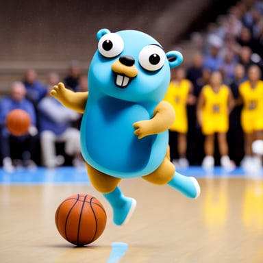 Go blue gopher playing basketball.