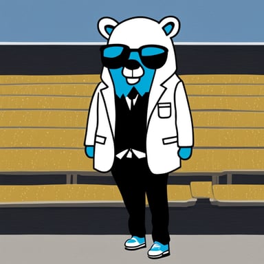 Go Blue Gopher in a white jacket and black heels.