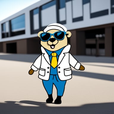 Go Blue Gopher in a white jacket and black heels.