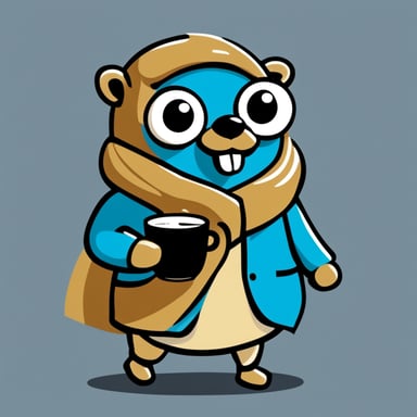 Go Blue Gopher in a beige coat and with a cup of coffee.