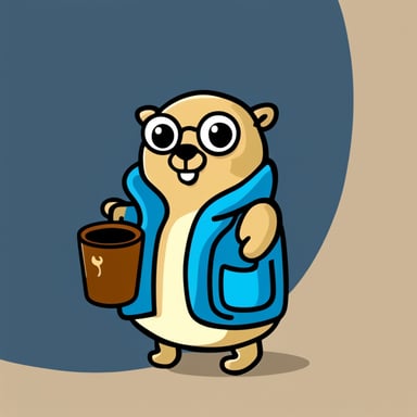 Go Blue Gopher in a beige coat and with a cup of coffee.