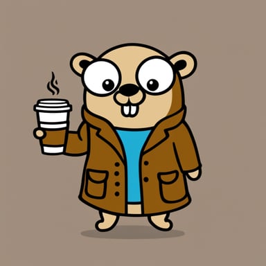 Go Blue Gopher in a beige coat and with a cup of coffee.