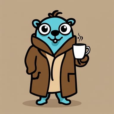 Go Blue Gopher in a beige coat and with a cup of coffee.