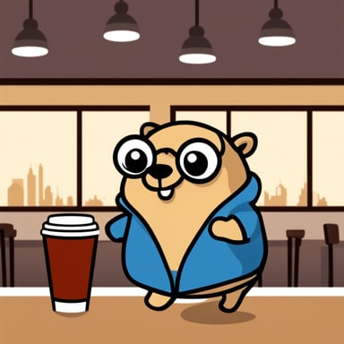 Go Blue Gopher in a beige coat and with a cup of coffee in a cafe.