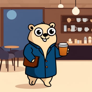 Go Blue Gopher in a beige coat and with a cup of coffee in a cafe.