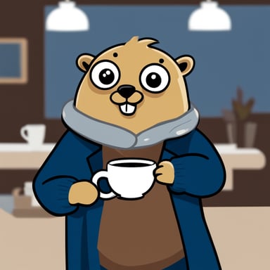 Go Blue Gopher in a beige coat and with a cup of coffee in a cafe.