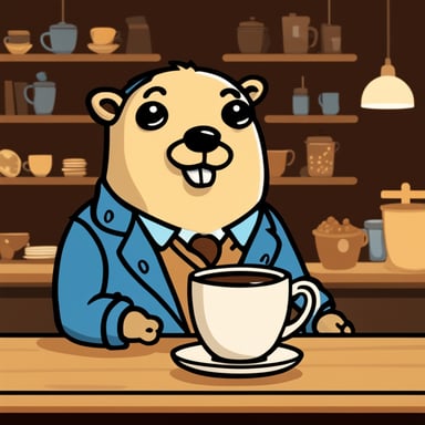 Go Blue Gopher in a beige coat and with a cup of coffee in a cafe.