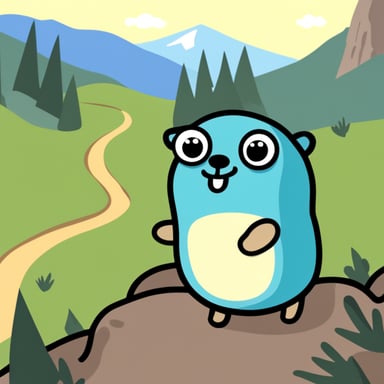 Happy go blue gopher in the mountains.