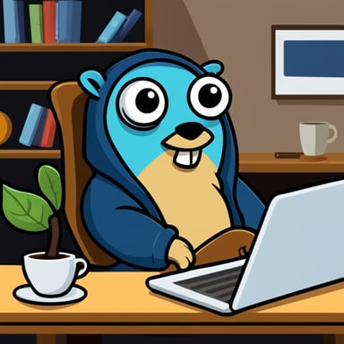 Go Blue Gopher in hoodie drinking coffee sitting behind laptop.
