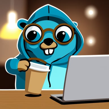 Go Blue Gopher in hoodie drinking coffee sitting behind laptop.