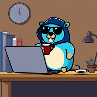 Go Blue Gopher in hoodie drinking coffee sitting behind laptop.