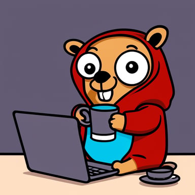 Go Blue Gopher in hoodie drinking coffee sitting behind laptop.