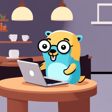 Go Blue Gopher with a laptop in a cafe.