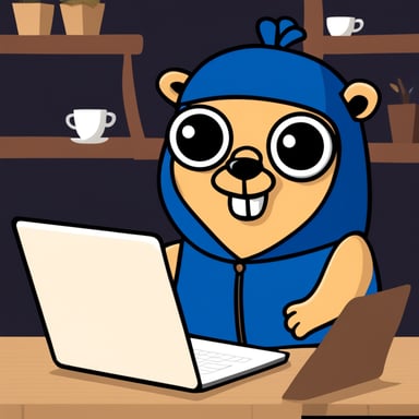 Go Blue Gopher with a laptop in a cafe.