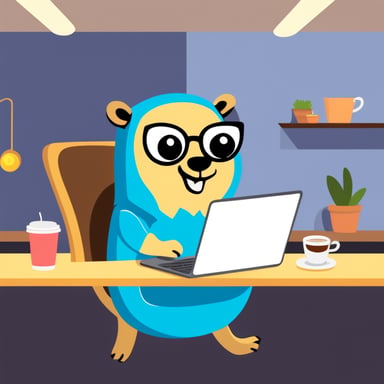 Go Blue Gopher with a laptop in a cafe.