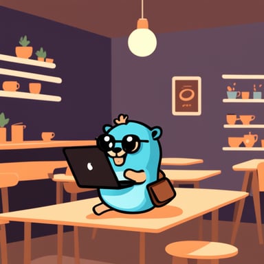Go Blue Gopher with a laptop in a cafe.