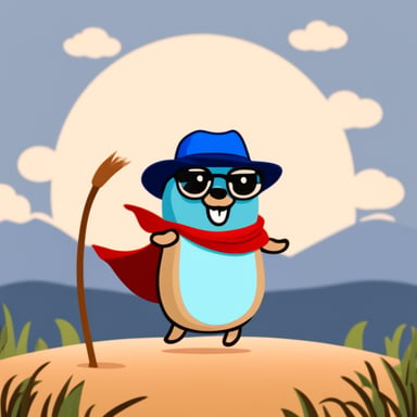 Go Blue Gopher wears a straw hat, red cape, and blue shorts.