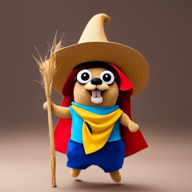Go Blue Gopher wears a straw hat, red cape, and blue shorts.