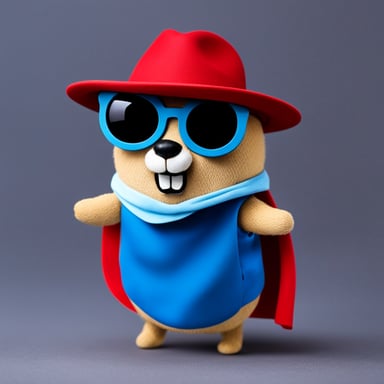 Go Blue Gopher wears a straw hat, red cape, and blue shorts.