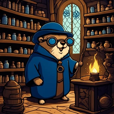 Go Blue Gopher in a happy Harry Potter style, in a medieval alchemy room.