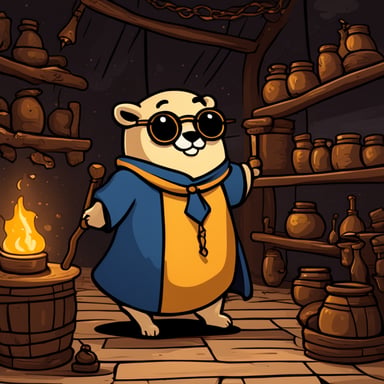 Go Blue Gopher in a happy Harry Potter style, in a medieval alchemy room.