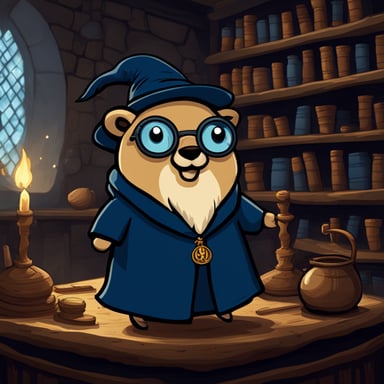 Go Blue Gopher in a happy Harry Potter style, in a medieval alchemy room.
