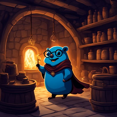 Go Blue Gopher in a happy Harry Potter style, in a medieval alchemy room.