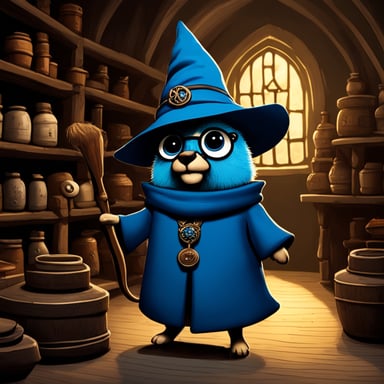 Go Blue Gopher, in a Harry Potter style, has a blue body and wears a petrol-colored wizard hat. He stands in a medieval alchemist room.