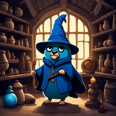 Go Blue Gopher, in a Harry Potter style, has a blue body and wears a petrol-colored wizard hat. He stands in a medieval alchemist room.