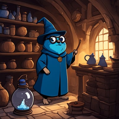 Go Blue Gopher, in a Harry Potter style, has a blue body and wears a petrol-colored wizard hat. He stands in a medieval alchemist room.