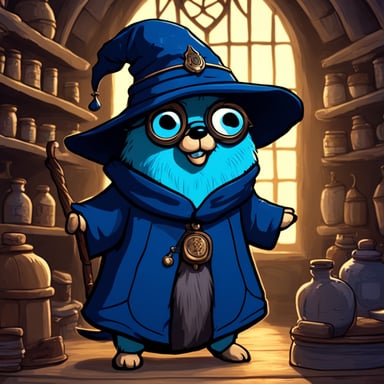 Go Blue Gopher, in a Harry Potter style, has a blue body and wears a petrol-colored wizard hat. He stands in a medieval alchemist room.