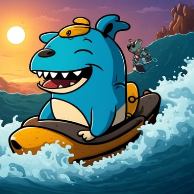 A happy Go Blue Gopher riding on top of a petrol-colored shark.