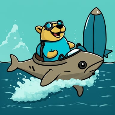 A happy Go Blue Gopher riding on top of a petrol-colored shark.