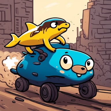 A happy Go Blue Gopher riding on top of a petrol-colored shark.