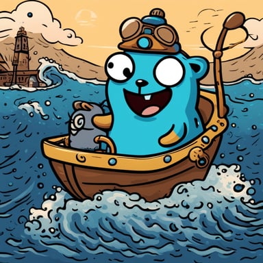 A happy Go Blue Gopher riding on top of a petrol-colored shark.