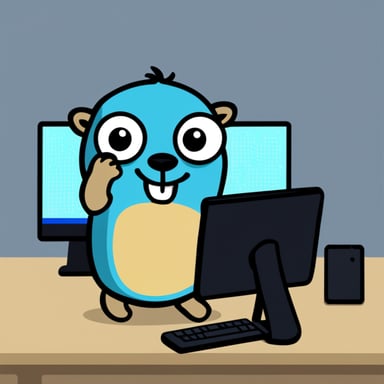 Go blue gopher sitting in front of a PC with 2 monitors.