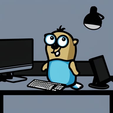 Go blue gopher sitting in front of a PC with 2 monitors.