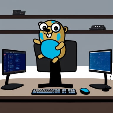 Go blue gopher sitting in front of a PC with 2 monitors.
