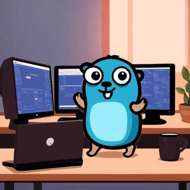 Go blue gopher sitting in front of a PC with 2 monitors.
