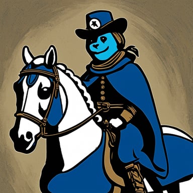 A go blue gopher rides a horse.