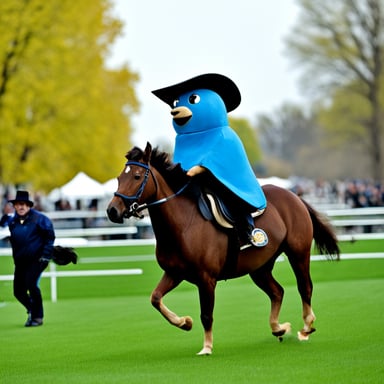 A go blue gopher rides a horse.