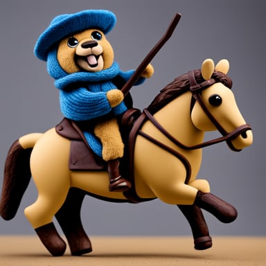 A go blue gopher rides a horse.