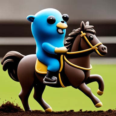 A go blue gopher rides a horse.