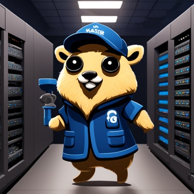 Go Blue Gopher in Yadro merch, master in server room.