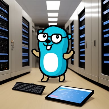Go Blue Gopher, the happy blue gopher in the server room, wearing Yadro company merch, is the master of backup systems.