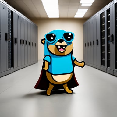 Go Blue Gopher, the happy blue gopher in the server room, wearing Yadro company merch, is the master of backup systems.