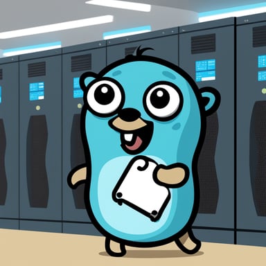 Go Blue Gopher, the happy blue gopher in the server room, wearing Yadro company merch, is the master of backup systems.